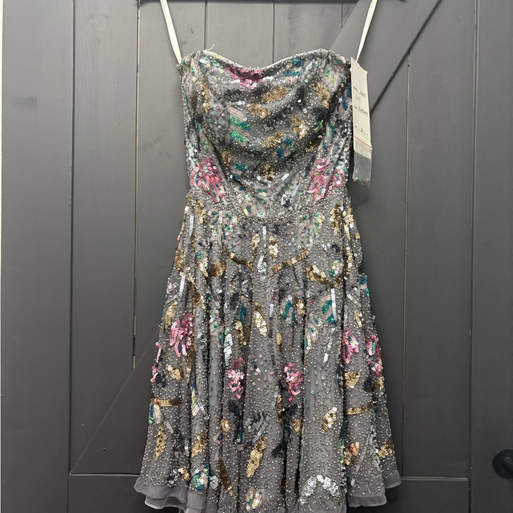 Primavera sequin Strapless prom dress in Gray with Multicolor Floral Accents